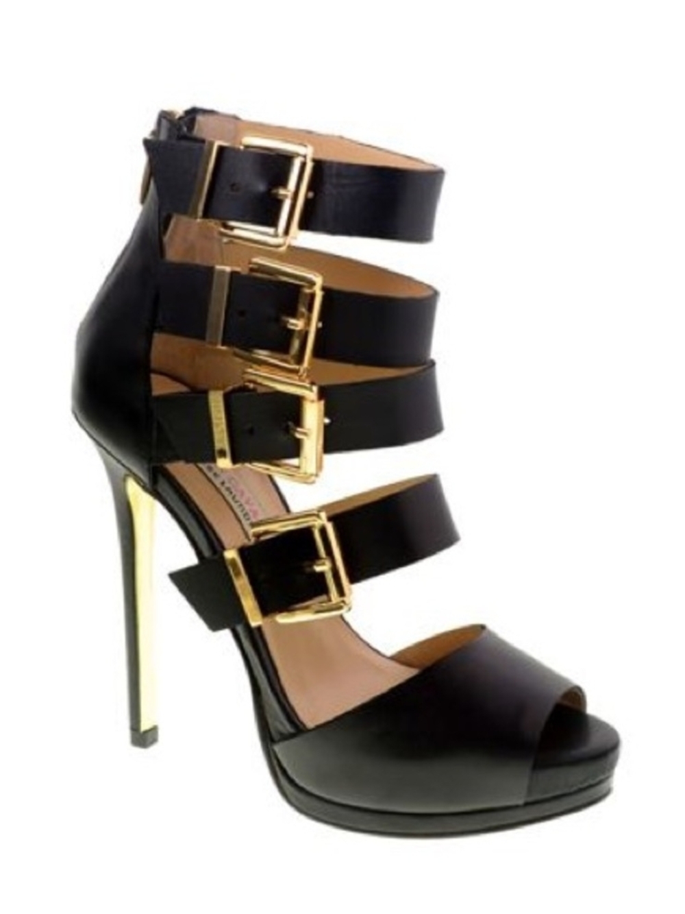 Black Strappy High Heel Sandal with Gold Buckles